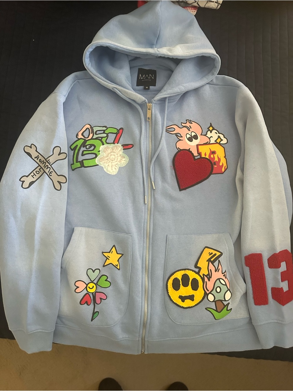 NWOT Boohoo Men’s Light Blue Zip up Hoodie Jacket with Playful Patches
